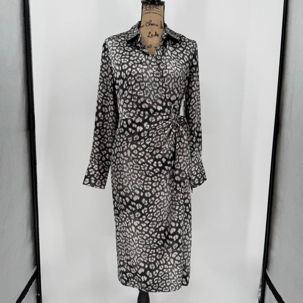 Worthington Satin Wrap Midi Dress Long Sleeve Animal Print Gray Women‎ Small NWT